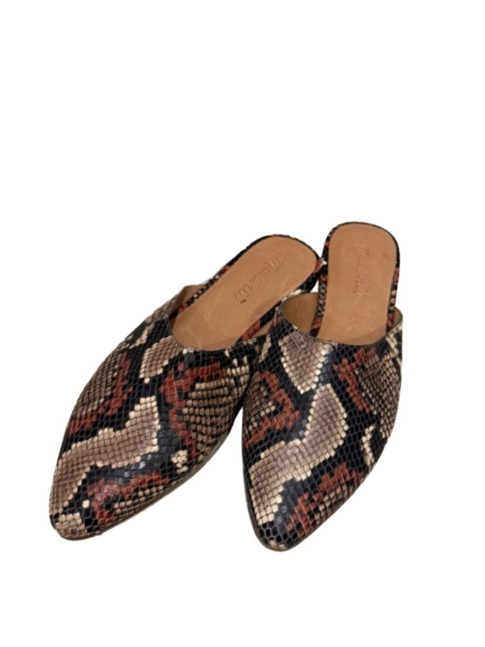 Madewell Snakeskin Mules Pointed Toe‎ Flats Brown 9 Embossed Leather Slides